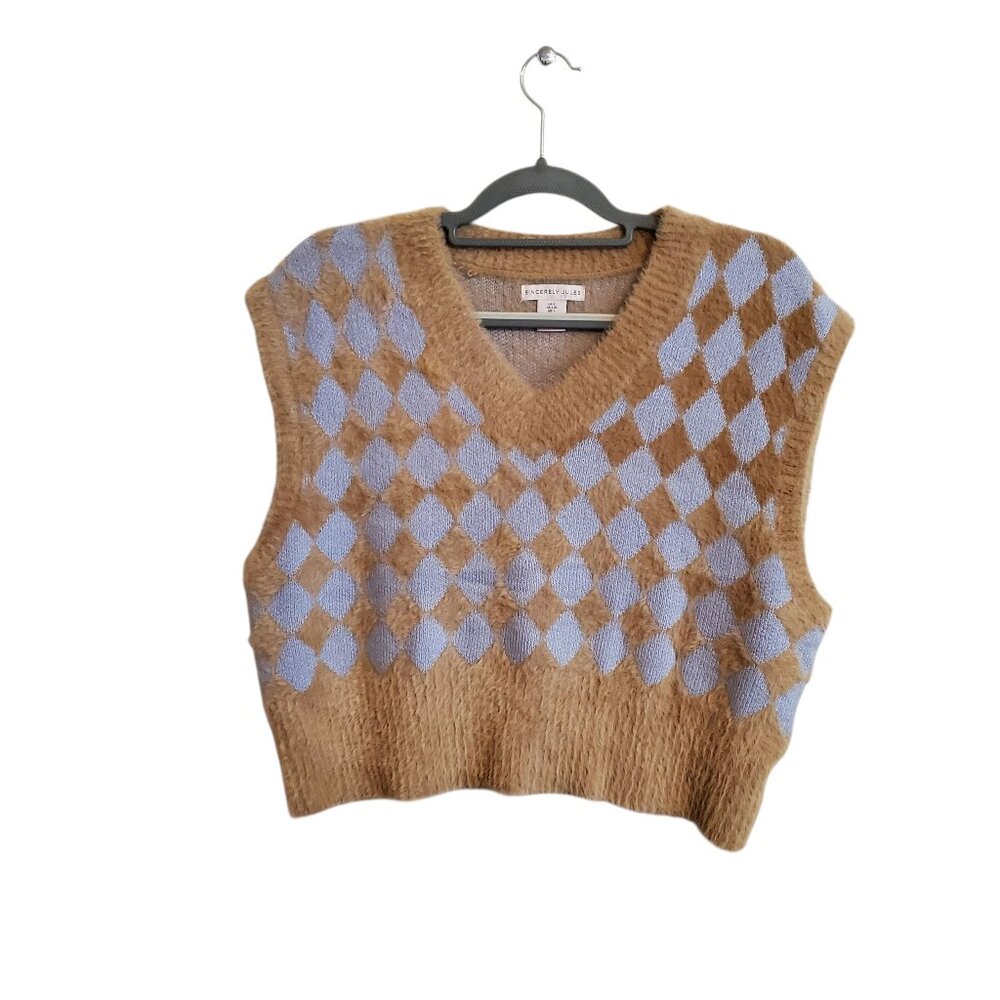 SINCERELY JULES Sweater Vest size Large in tan‎ and blue V Neck